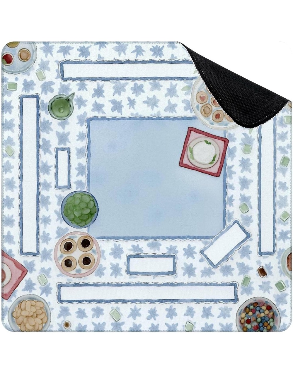 Mahjong Mat Watercolor Dinner Party Overhead View Blue Floral
